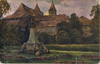 Pomník ve Vrchlického sadech - dobová malba